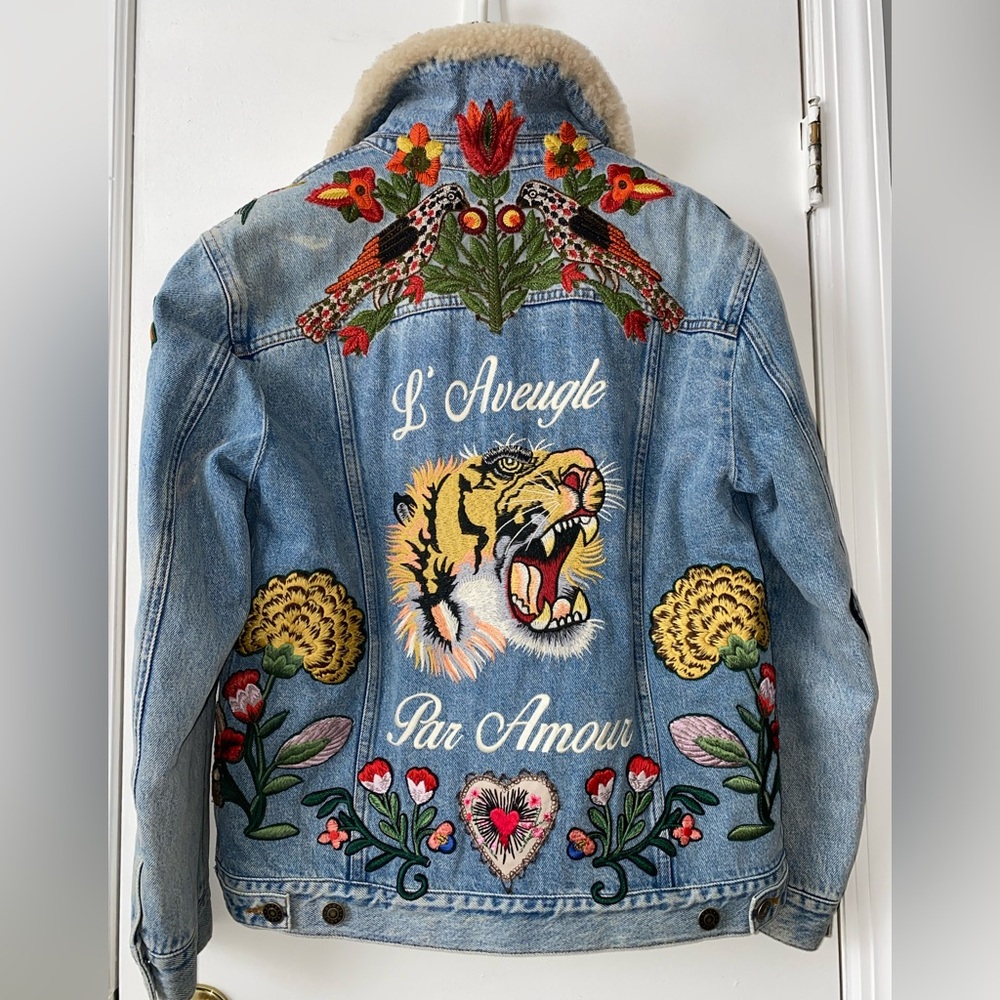 Authentic Shearling GUCCI Embroidered Denim Jacket